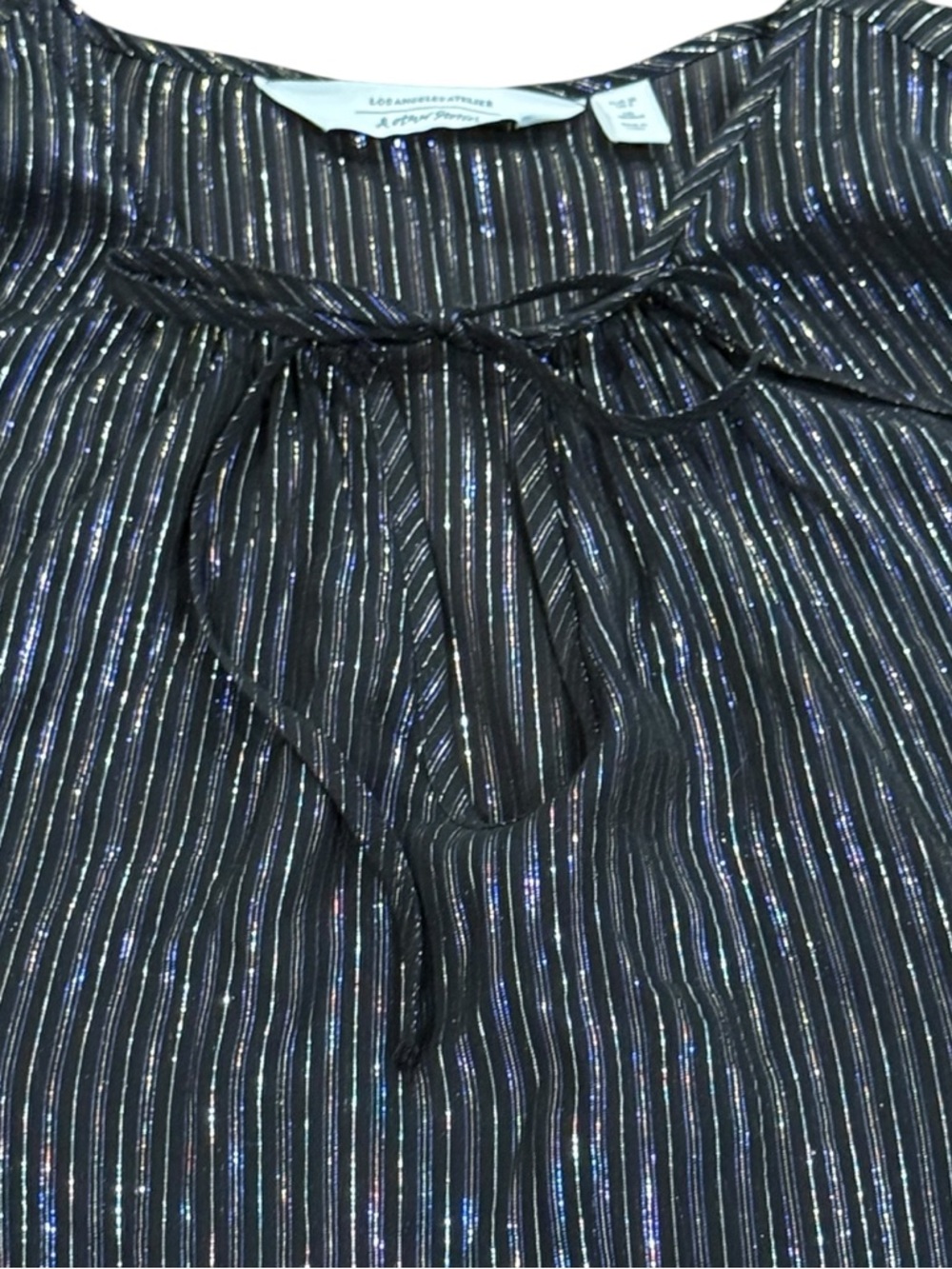 & Other Stories Black Iridescent Blue Metallic Pinstripe Peasant Blouse Size 6 - Picture 3 of 4